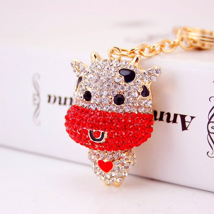 Rhinestone Cow Keychain With Gold-Tone Ring And Lobster Clasp