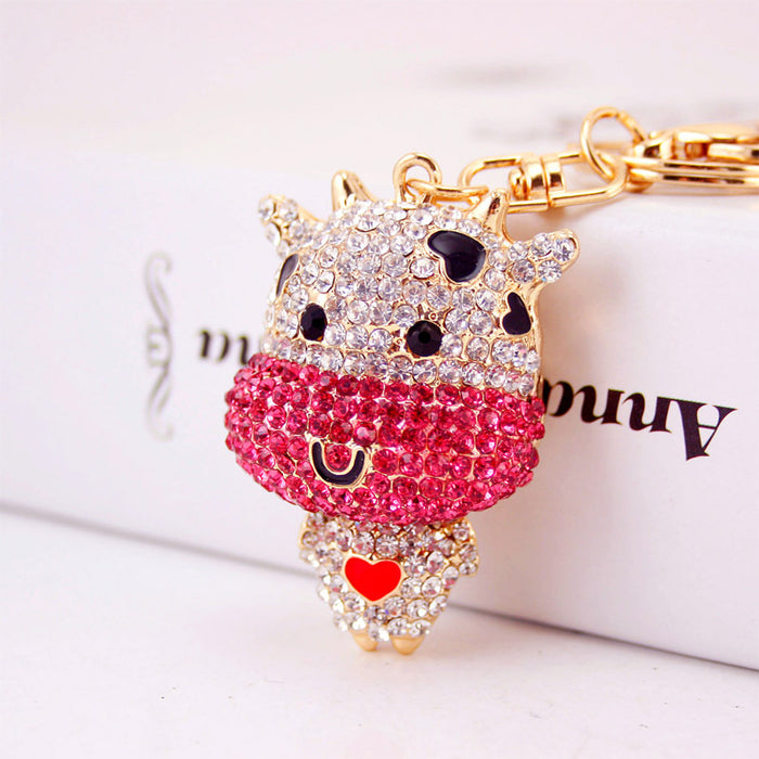 Cute Rhinestone Little Ox Zodiac Keychain Metal Animal Charm