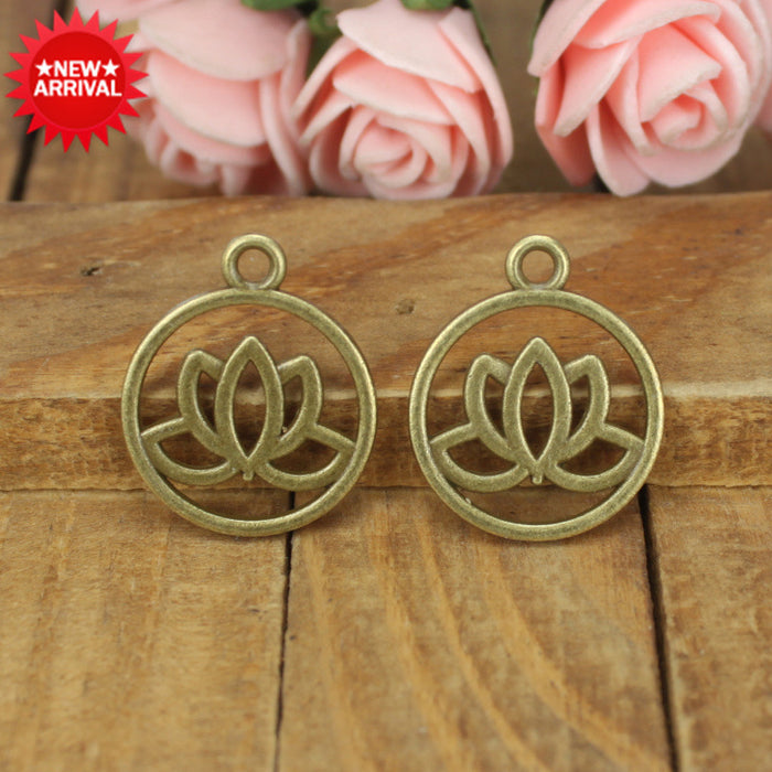 20mm Double-Sided Lotus Round Alloy Charm Pendant Vintage Style