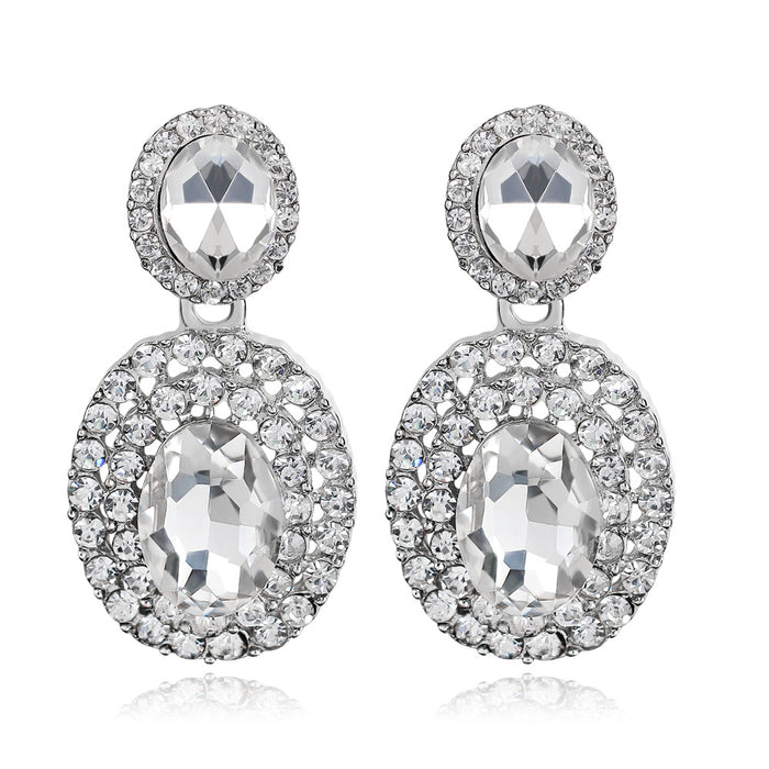 Silver Tone Oval Crystal Halo Crystal Two Designs Metal Dangle Earrings