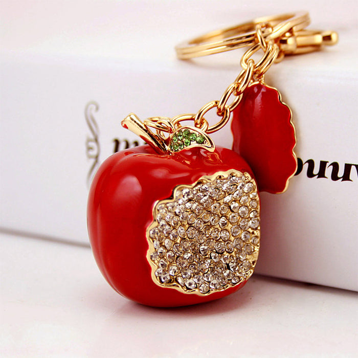 Rhinestone Christmas Apple Keychain Fruit Car Key Ring Holiday Charm