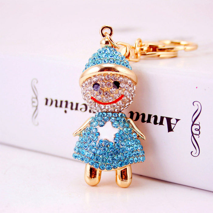 Gold-Tone Rhinestone Christmas Doll Keychain With Split Ring And Lobster Clasp