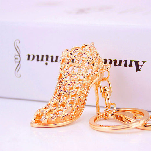 Rhinestone High Heel Shoe Keychain Hollow Metal Bag Charm for Car Keys
