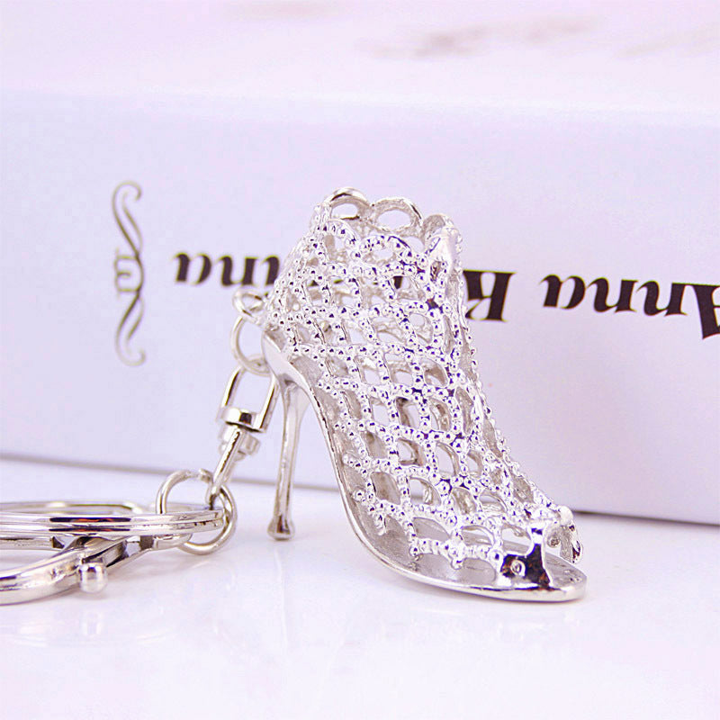 Rhinestone High Heel Shoe Keychain Hollow Metal Bag Charm for Car Keys