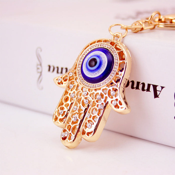 Evil Eye Hand Rhinestone Car Keychain with Cat Eye Stone Bag Charm