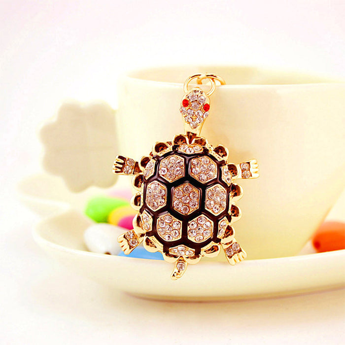 Gold-Tone Turtle Keychain With Clear Stones And Black Shell
