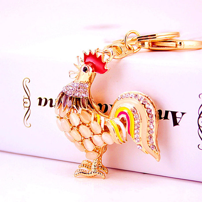 Rhinestone Rooster Chick Car Keychain Animal Zodiac Bag Charm