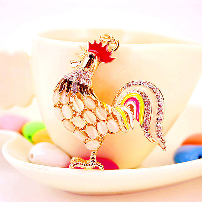 Gold Tone Rooster Keychain With Rhinestones And White Oval Accents