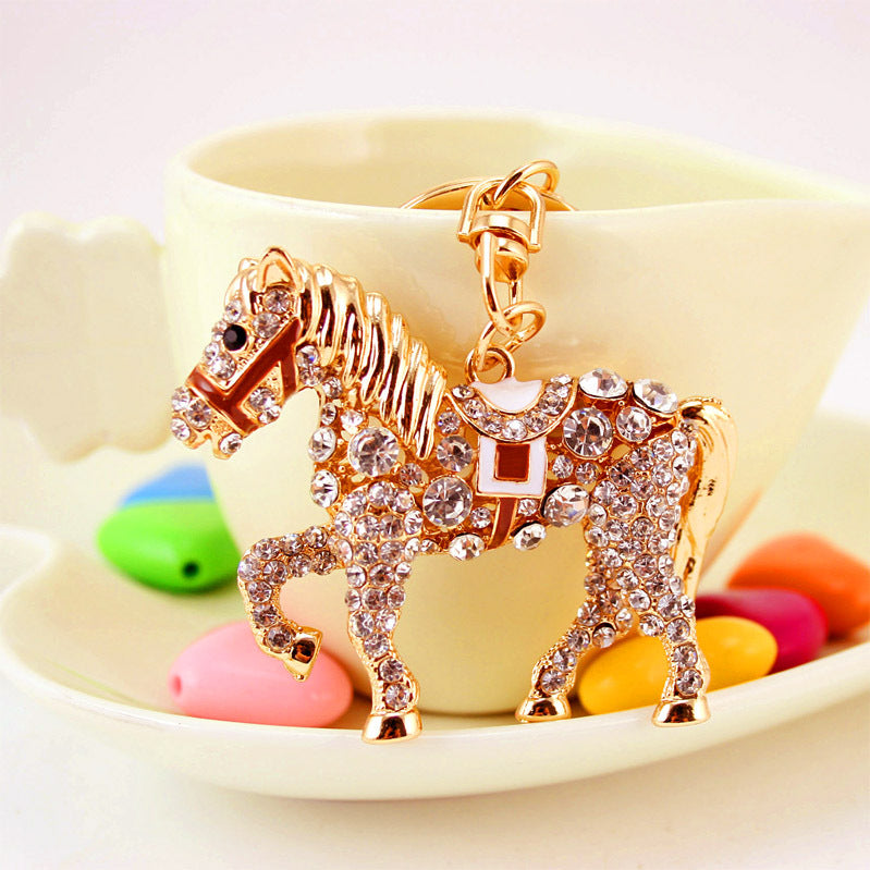 Rhinestone Horse Keychain Cute Zodiac Animal Metal Bag Charm for Car Keys