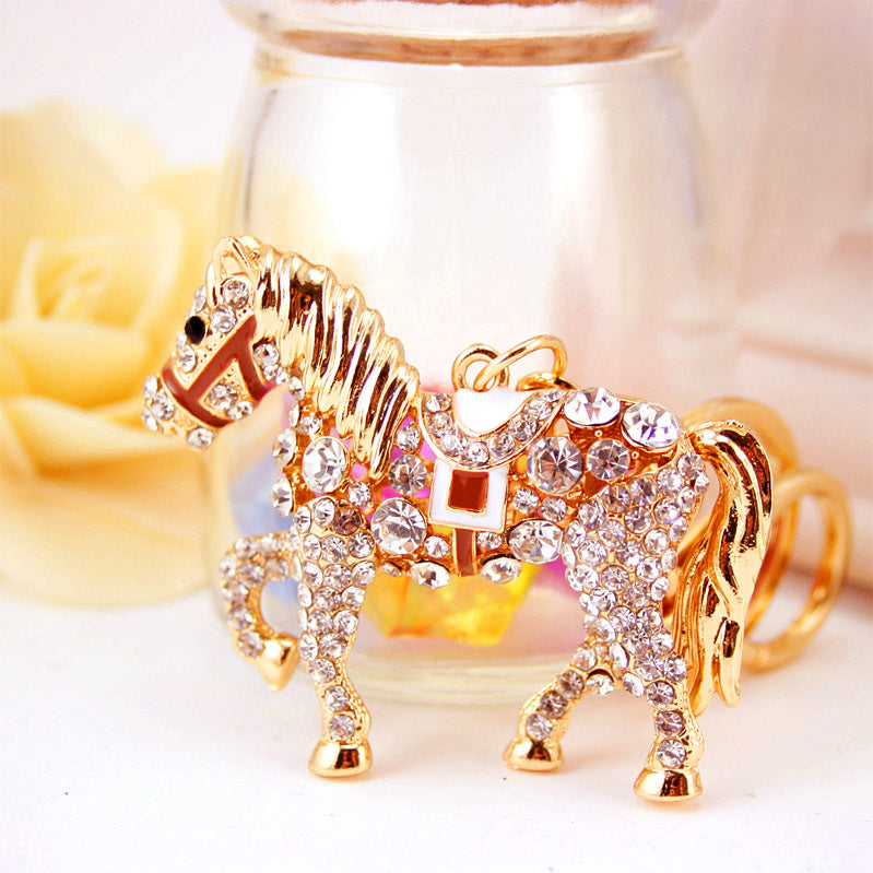Rhinestone Horse Keychain Cute Zodiac Animal Metal Bag Charm for Car Keys