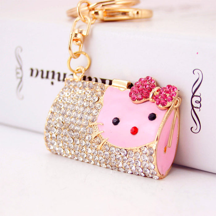 Cute Rhinestone Cat Head Keychain Zinc Alloy Handbag Charm Accessory
