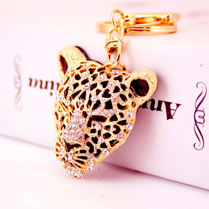 Rhinestone Leopard Head Car Keychain Crystal Animal Bag Charm