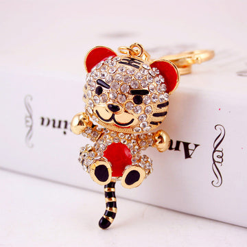 Rhinestone Tiger Keychain With Split Ring And Lobster Clasp