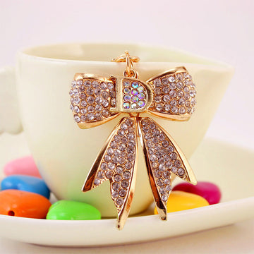 Gold Tone Rhinestone Bow Keychain With Lobster Clasp