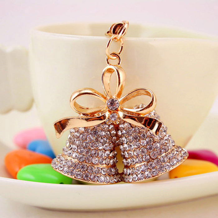 Gold-Tone Double Bell Rhinestone Keychain With Bow Charm