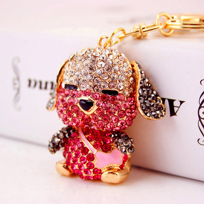 Cute Rhinestone Puppy with Backpack Keychain Zinc Alloy Bag Charm
