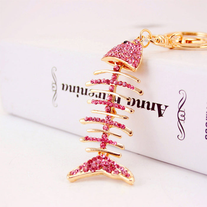Rhinestone Fish Bone Keychain Zinc Alloy Bag Charm Key Ring Gift