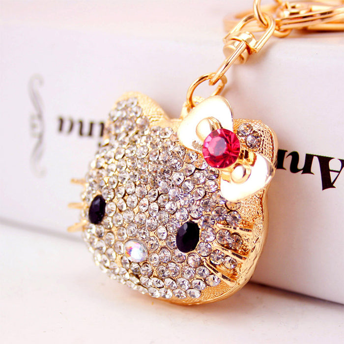 Cute Rhinestone Cat Head with Bow Keychain Zinc Alloy Bag Charm for Women