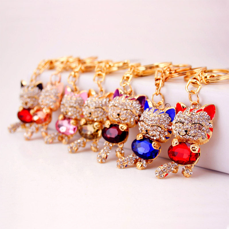 Rhinestone Lucky Cat Keychain Cute Kitten Metal Bag Charm for Car Keys