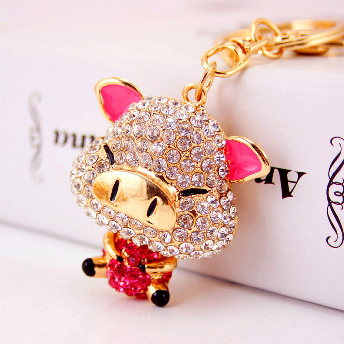 Cute Rhinestone Pig Keychain Zinc Alloy Animal Car Key Ring Bag Charm