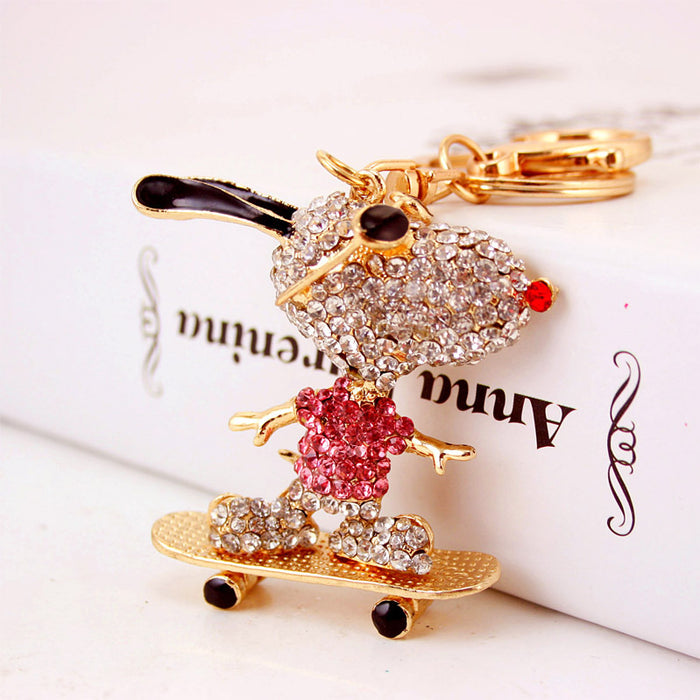 Rhinestone Skateboard Dog Keychain, Car Key and Bag Charm