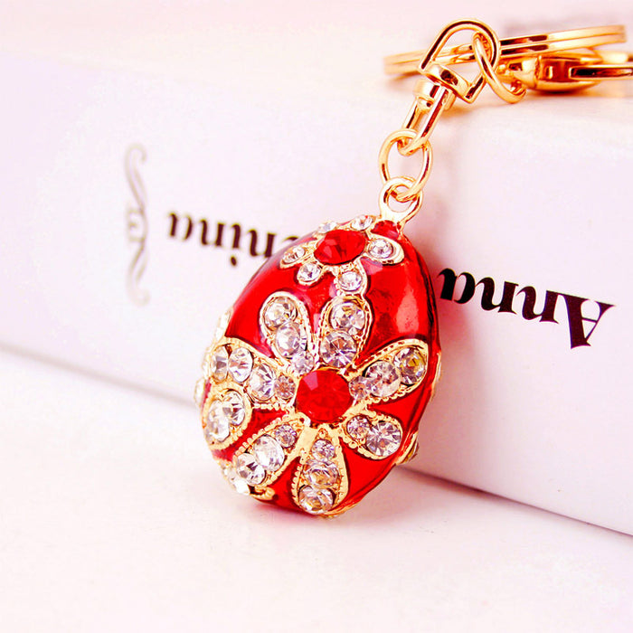Easter Egg Enamel Rhinestone Keychain with Flower Charm for Women