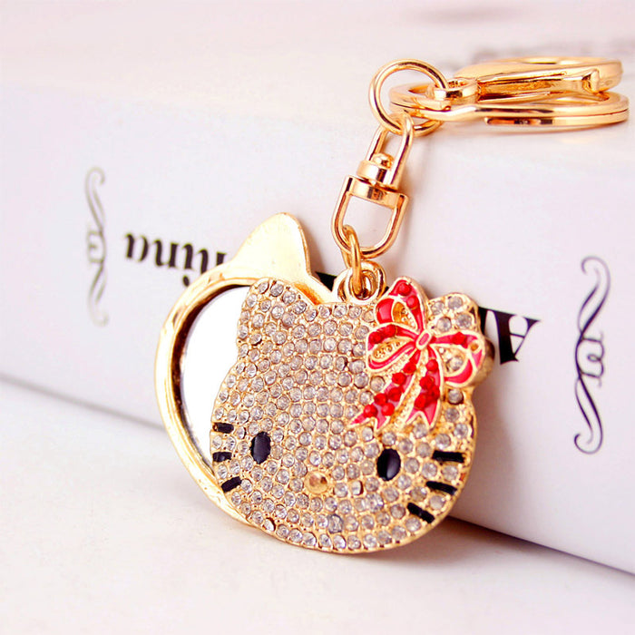 Rhinestone Cat Head Makeup Mirror Keychain Purse Charm