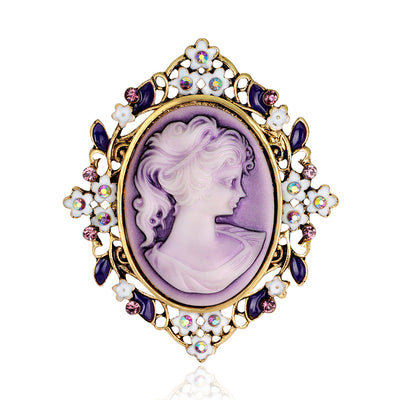 Front product view of the woman portrait brooch pin in gold and purple