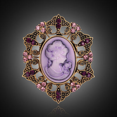 Front product view of the woman portrait brooch pin in silver and black