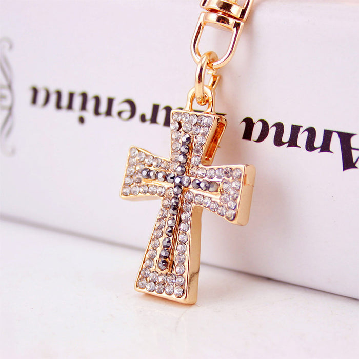 Colorful Rhinestone Cross Car Keychain Metal Bag Charm for Women