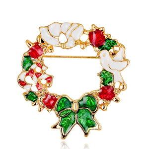 Gold-Tone Christmas Floral Wreath Brooch Pin with Dove and Bow
