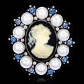 Black Silver Tone Woman Portrait Crystal Pearl Look Metal Brooch Pin view 2