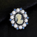 Black Silver Tone Woman Portrait Crystal Pearl Look Metal Brooch Pin view 4