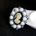 Black Silver Tone Woman Portrait Crystal Pearl Look Metal Brooch Pin view 3