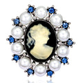 Black Silver Tone Woman Portrait Crystal Pearl Look Metal Brooch Pin view 1