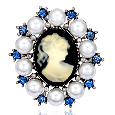 Front product view of the woman portrait brooch pin in silver and black