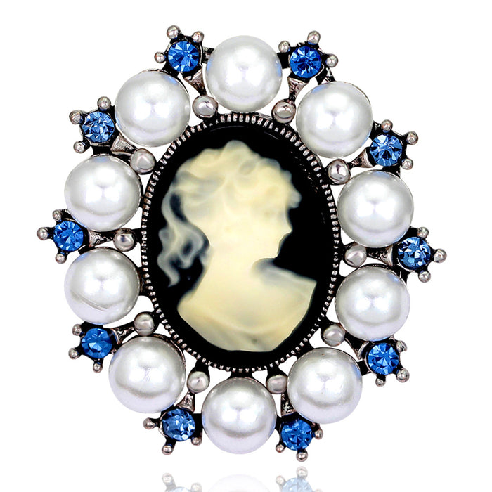Black Silver Tone Woman Portrait Crystal Pearl Look Metal Brooch Pin