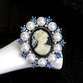 Black Silver Tone Woman Portrait Crystal Pearl Look Metal Brooch Pin view 5