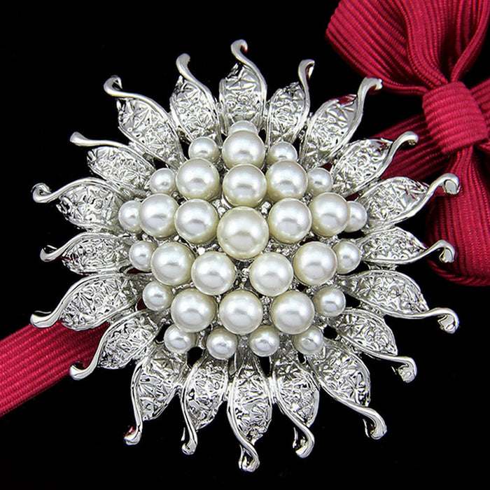 Black Silver Tone Sunflower Crystal Pearl Look Two Designs Metal Brooch Pin 2 Pictured 2
