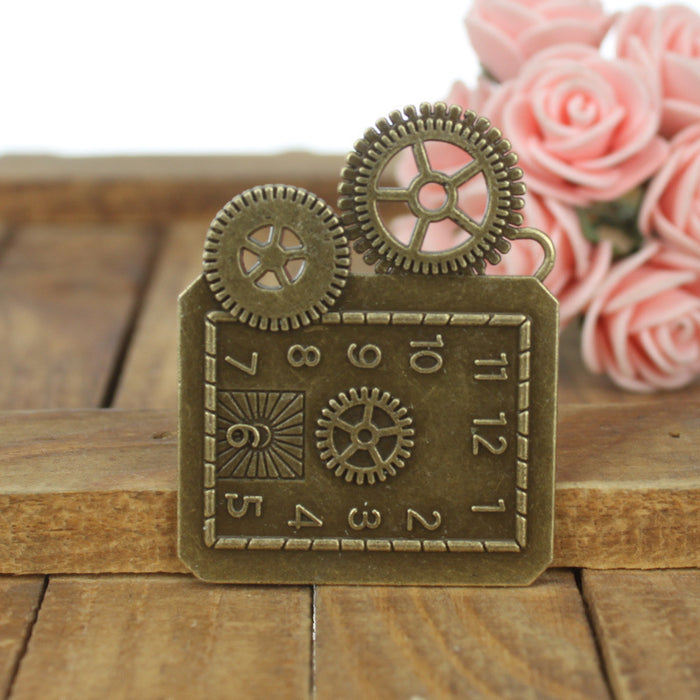 Vintage Alloy Gear Clock Charm Pendant 50x39mm