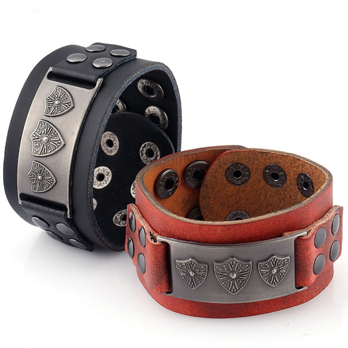 Punk Vintage Shield Alloy Cowhide Bracelet European American Export Genuine Leather Bracelet