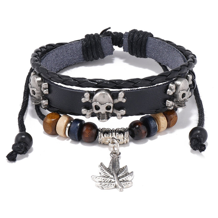 Hot Selling Handmade Beaded Multi Layer Leather Bracelet Adjustable Halloween Skull Wristband