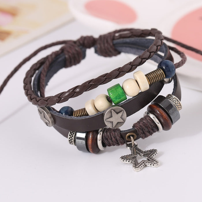Genuine Leather Beaded Cowhide Bracelet With Alloy Five Point Star Charm Pendant
