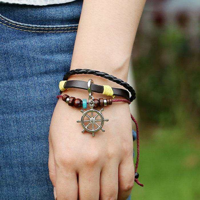 Punk Genuine Leather Beaded Bracelet For Couples Cowhide Ship Wheel Travel Jewelry
