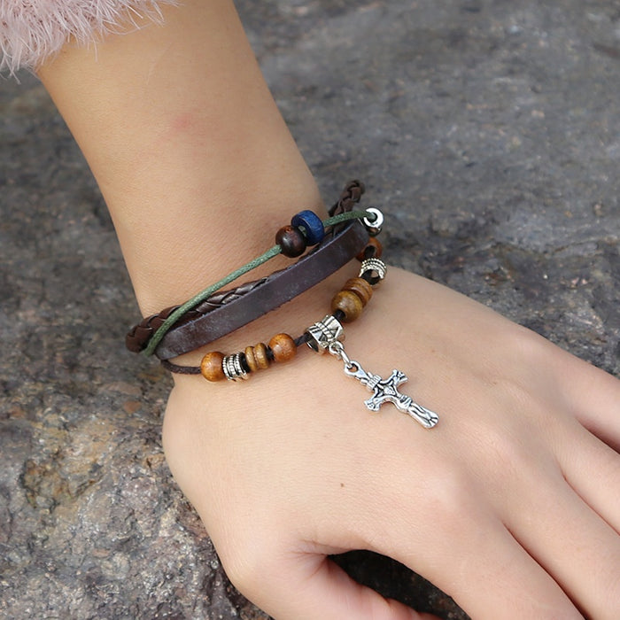 European American Simple Beaded Multilayer Leather Bracelet Streetwear Fashion Accessory
