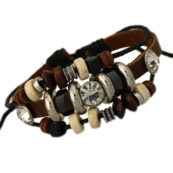 Genuine Cowhide Leather Bracelet With Three White Rhinestones Beaded Wrist Jewelry