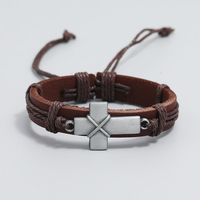 Vintage Braided Cowhide Leather Bracelet With Adjustable Sliding Cross Charm Hand Rope Wristband