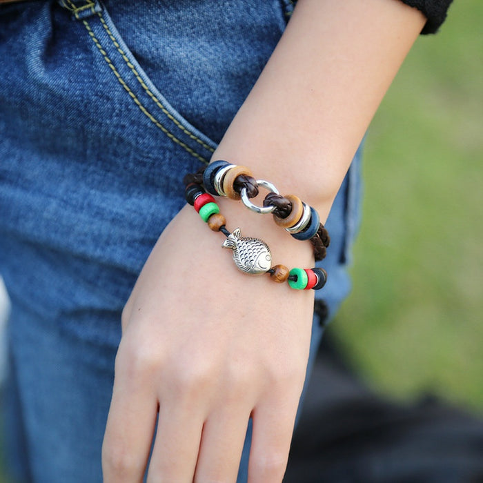 Alloy Fish Beaded Genuine Leather Bracelet Hot Cowhide Leather Wristband Small