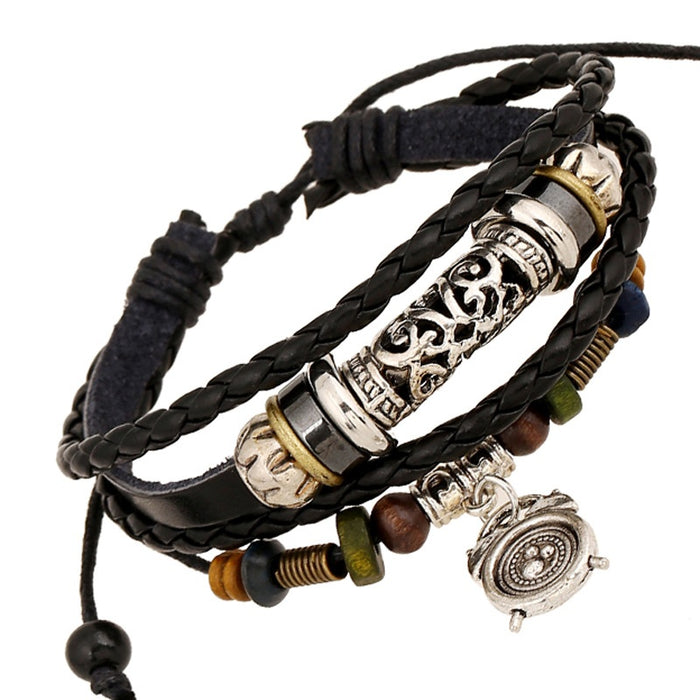 European American Punk Genuine Leather Beaded Bracelet With Alarm Clock Charm Pendant