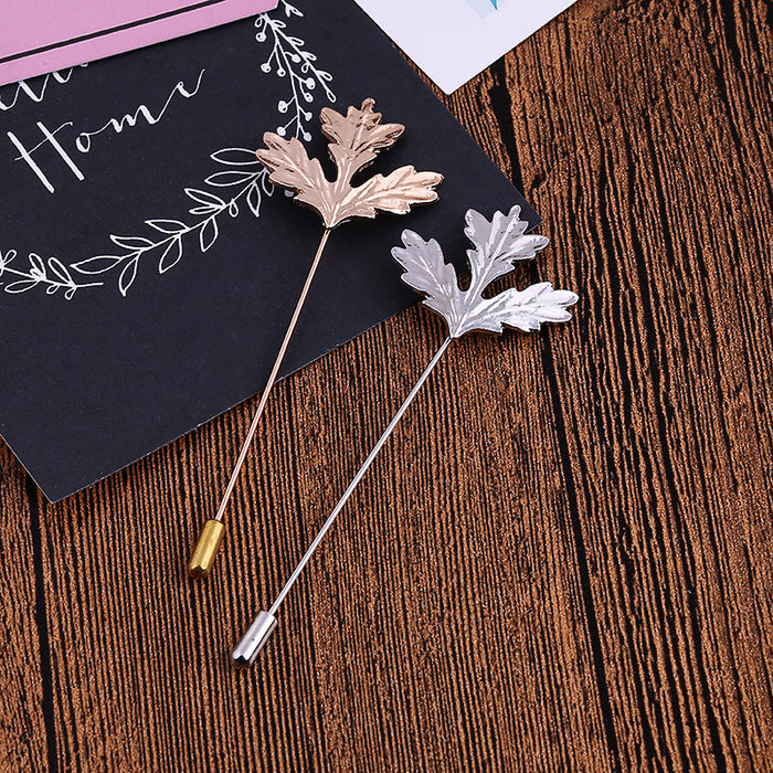 Silver Tone Sculpted Maple Leaf Long Stick Brooch Pin